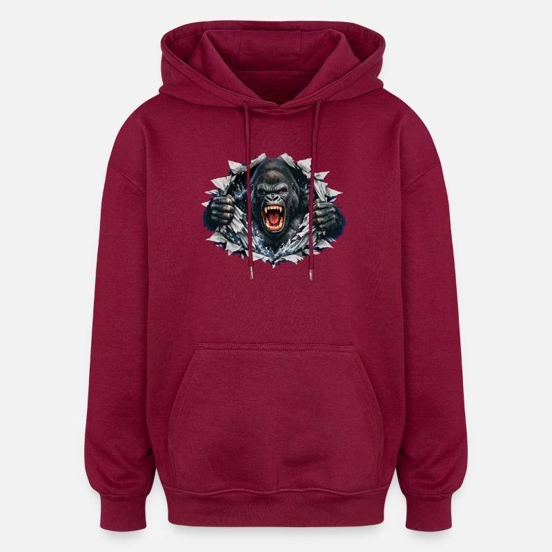 Gorilla Breaks Through: Roaring Power - Oversized Unisex Hoodie - burgundy