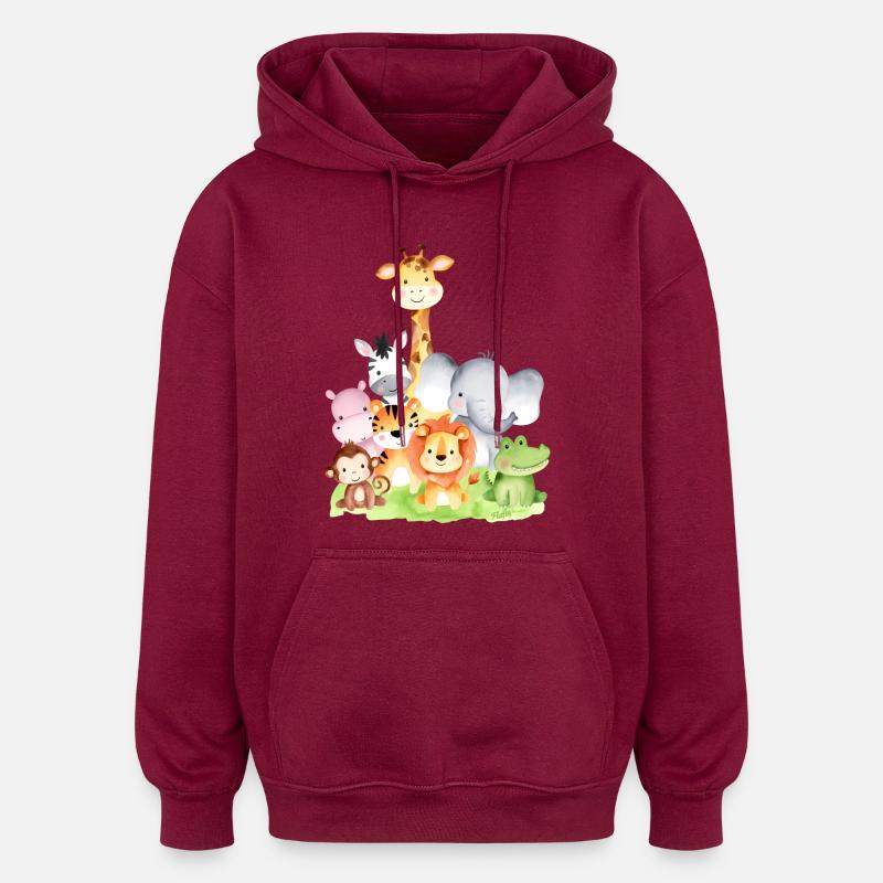 Animaux d'Afrique mignons – 🦁 🐵 🐊 à l'aquarelle - Sweat à capuche oversize unisexe - bordeaux
