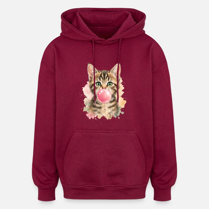 Cat with pink bubble - Oversized Unisex Hoodie - burgundy
