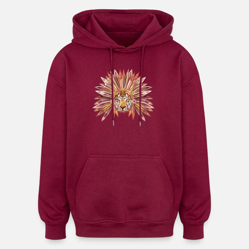 Tiger mit dekorativem Federkopfschmuck - Oversized Unisex Hoodie - Burgunderrot