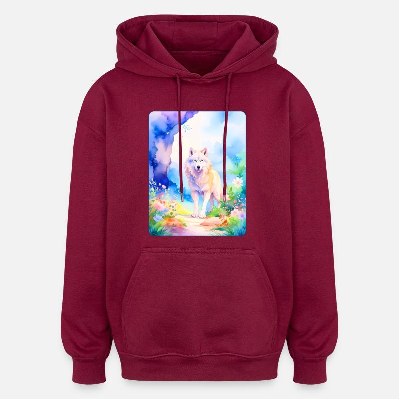 Loup blanc entouré de fleurs - Sweat à capuche oversize unisexe - bordeaux