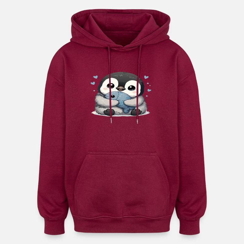 Cuddly Penguin with Fish - Oversized Unisex Hoodie - burgundy
