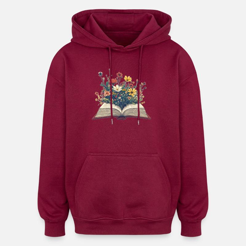 Bok med blommor - Oversized luvtröja unisex - vinröd
