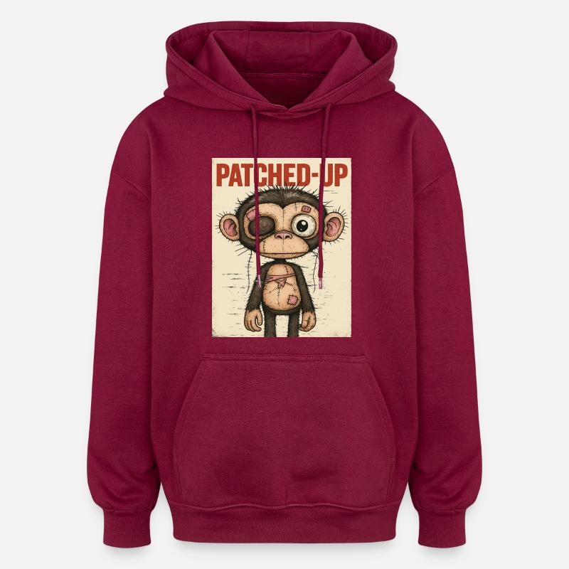 Patchwork Affe: Gepatcht und Tapfer - Oversized Unisex Hoodie - Burgunderrot