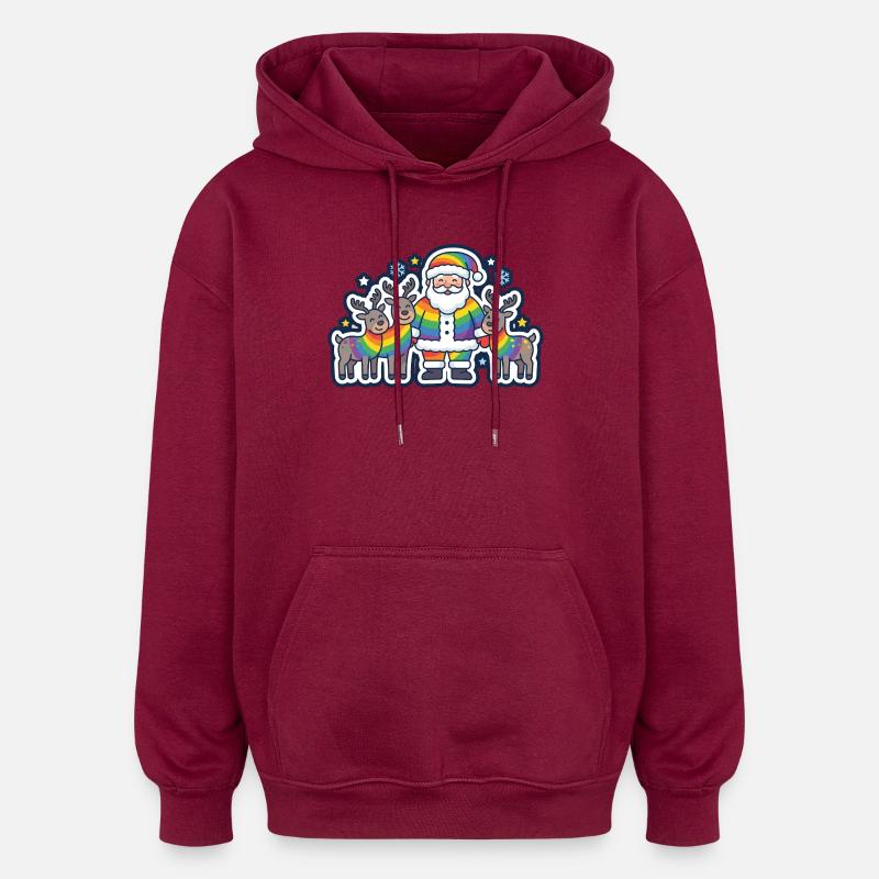 Regenbogen-Weihnachtsmann mit seinen Regenbogenrentieren - Oversized Unisex Hoodie - Burgunderrot