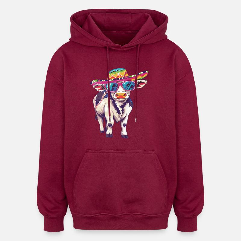 Cow Comic Funny Sombrero - Oversized Unisex Hoodie - burgundy