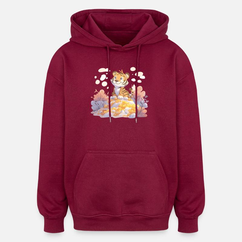 Tigerjunge auf Goldschatz im Herbstwald - Oversized Unisex Hoodie - Burgunderrot