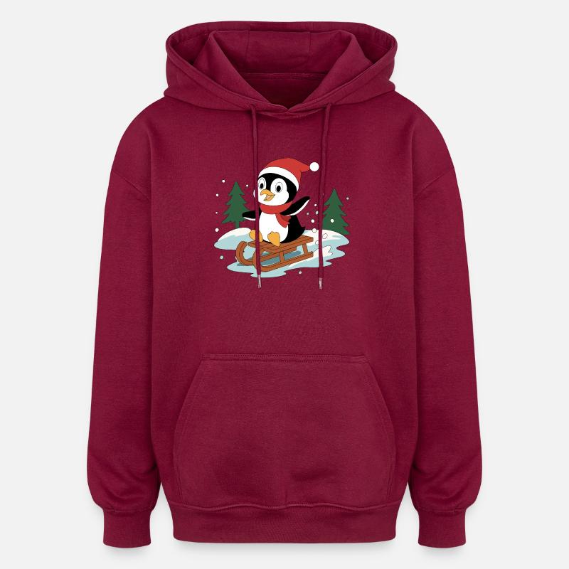 Pingouin Pino sur un traîneau - Sweat à capuche oversize unisexe - bordeaux