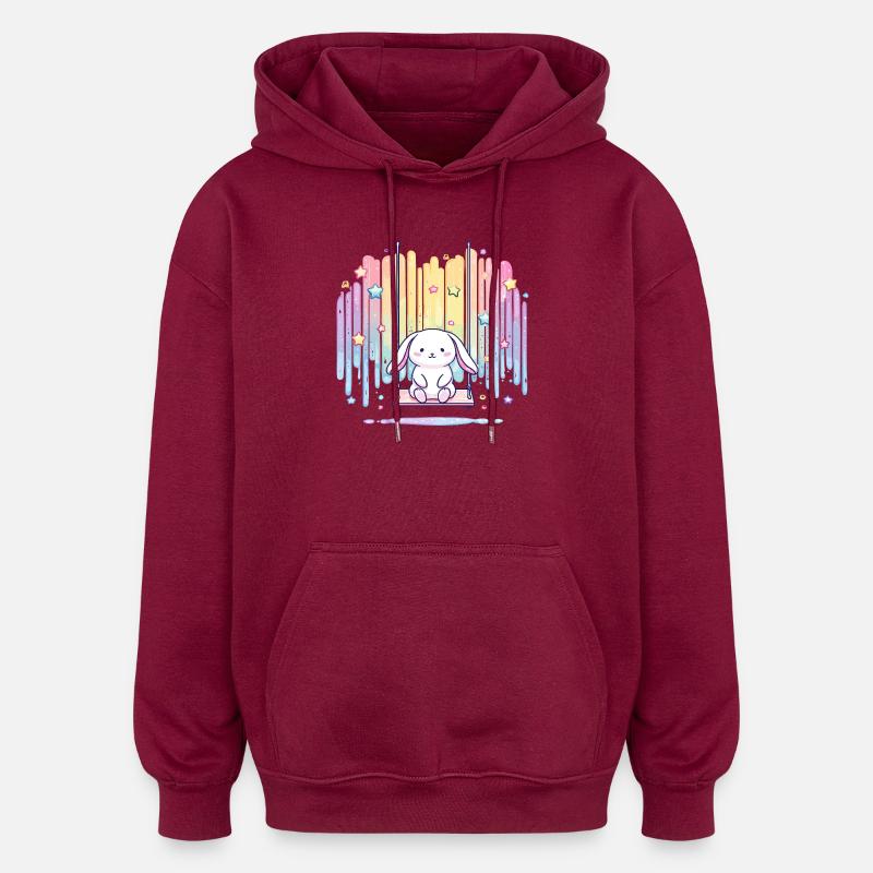 Pastel bunny on swing rainbow - Oversized Unisex Hoodie - burgundy