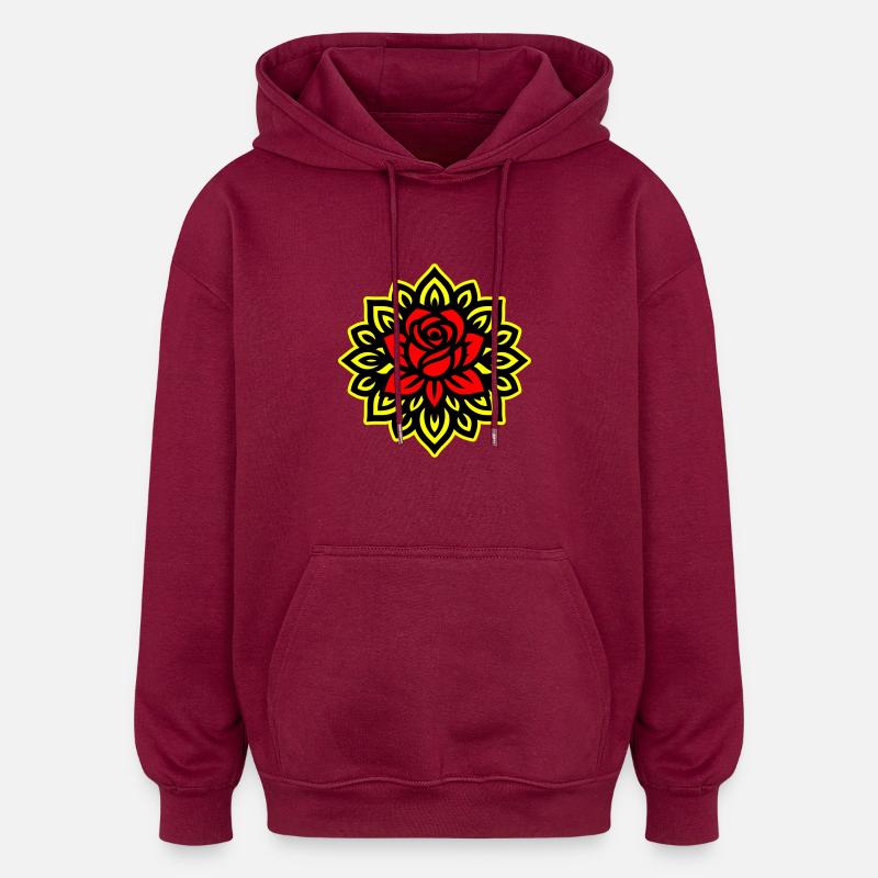 Mandala Fleur Rose - Sweat à capuche oversize unisexe - bordeaux