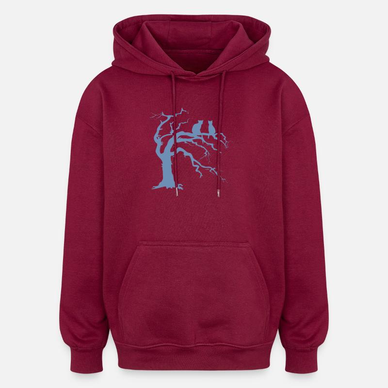 Dead tree with 2 cats silhouette - Oversized Unisex Hoodie - burgundy