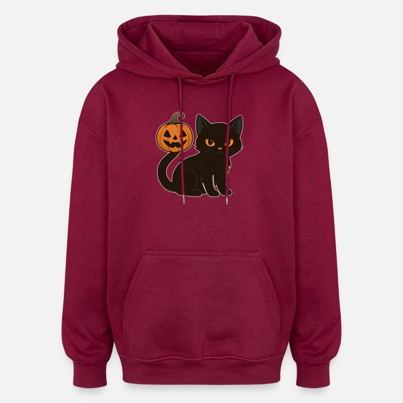 Chat noir avec citrouille d’Halloween - Sweat à capuche oversize unisexe - bordeaux