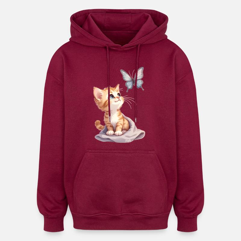 Kawaii Curious Chatten et Papillon 🐱🦋 - Sweat à capuche oversize unisexe - bordeaux
