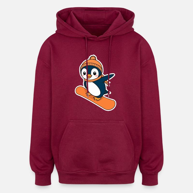 Pingouin sur un snowboard - Sweat à capuche oversize unisexe - bordeaux