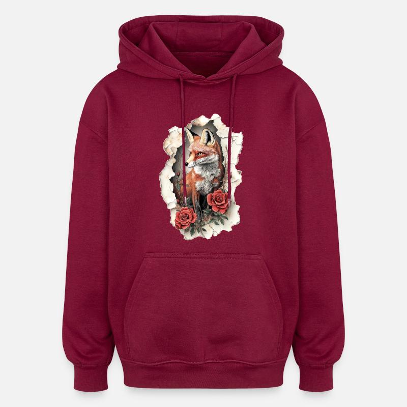 Renard avec des fleurs - Sweat à capuche oversize unisexe - bordeaux