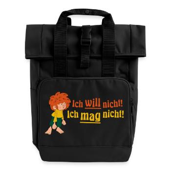 Pumuckl Mit Spruch Ich Will Nicht! Ich Mag Nicht!  - Rolltop Rucksack mit zwei Griffen - Schwarz - Vorne
