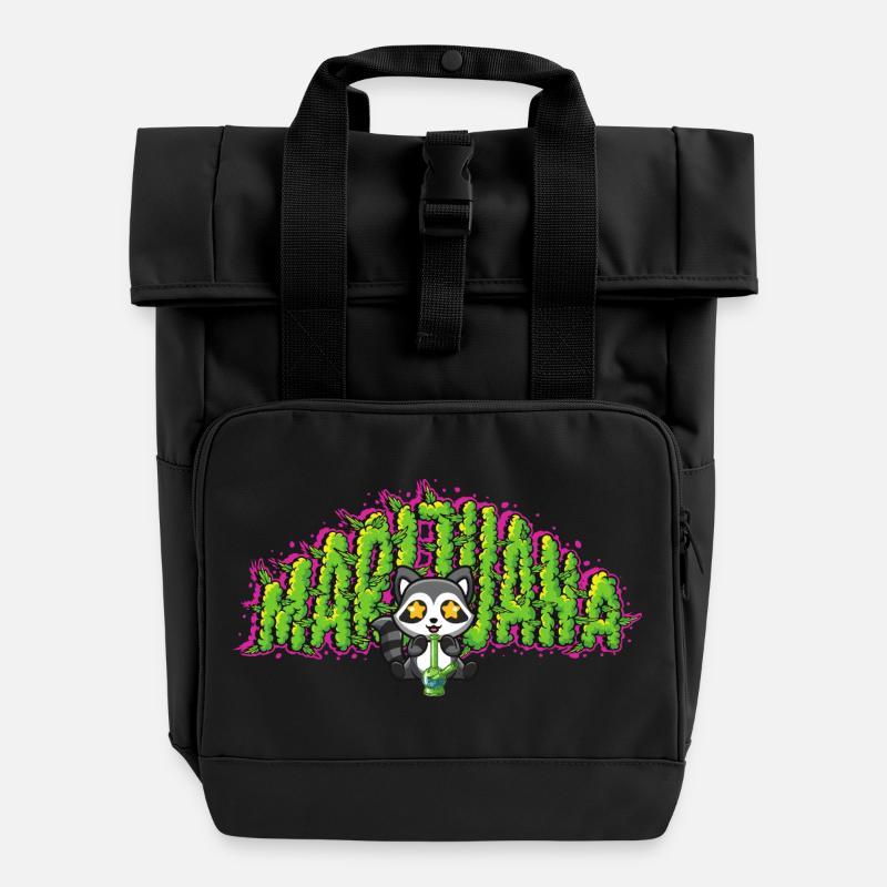 Marijuana Raccoon - Roll Top Backpack with Two Handles - black