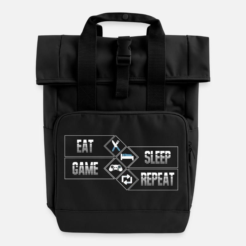 PC Gaming - Eat Sleep Game Repeat - Roll Top Backpack with Two Handles - black