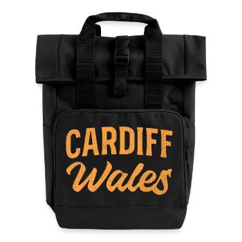 Cardiff Wales Schriftzug Orange - Rolltop Rucksack mit zwei Griffen - Schwarz - Vorne