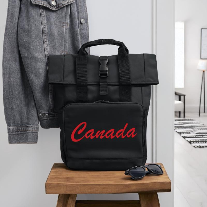 Canada Script Lettering Red Roll Top Backpack with Two Handles