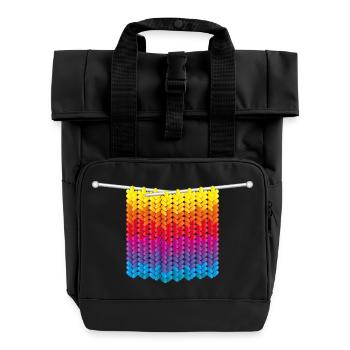 Knitted stitches in rainbow colours on needles - Roll Top Backpack with Two Handles - black - Front