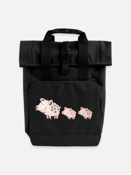 Schweine Familie - Rolltop Rucksack mit zwei Griffen - Schwarz