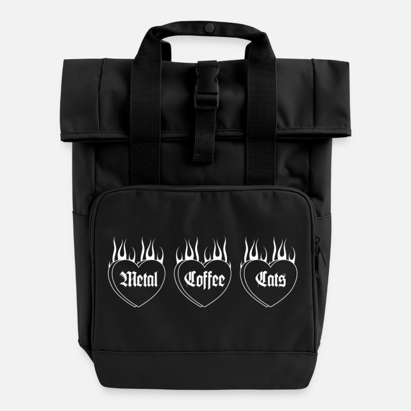 Metal, Coffee, Cats | Hearts on fire - Roll Top Backpack with Two Handles - black