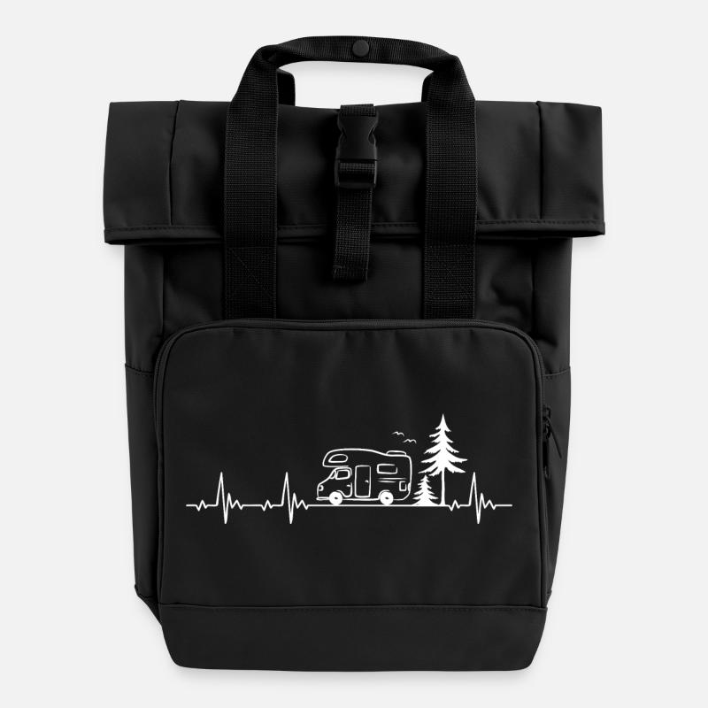 Camper Heartbeat Gift for Camping Lovers - Roll Top Backpack with Two Handles - black
