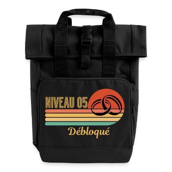 Level 05 Unlocked Retro Graphic Design - Roll Top Backpack with Two Handles - black - Front