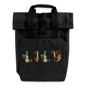 LILY Namenskunst mit gestickten Blumen - Rolltop Rucksack mit zwei Griffen - Schwarz - Vorne