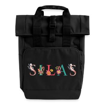 SILAS Namenskunst mit gestickten Blumen - Rolltop Rucksack mit zwei Griffen - Schwarz - Vorne