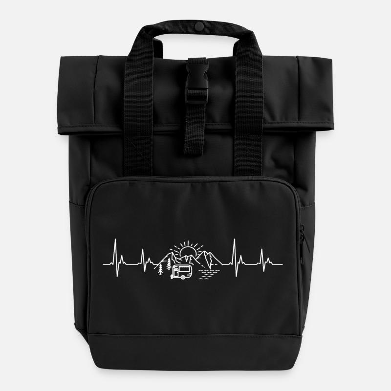 Camping Caravan Heartbeat Heratbeat - Roll Top Backpack with Two Handles - black