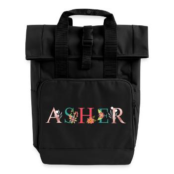 ASHER Namenskunst mit gestickten Blumen - Rolltop Rucksack mit zwei Griffen - Schwarz - Vorne