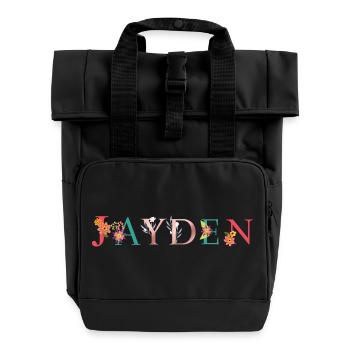 JAYDEN Namenskunst mit gestickten Blumen - Rolltop Rucksack mit zwei Griffen - Schwarz - Vorne
