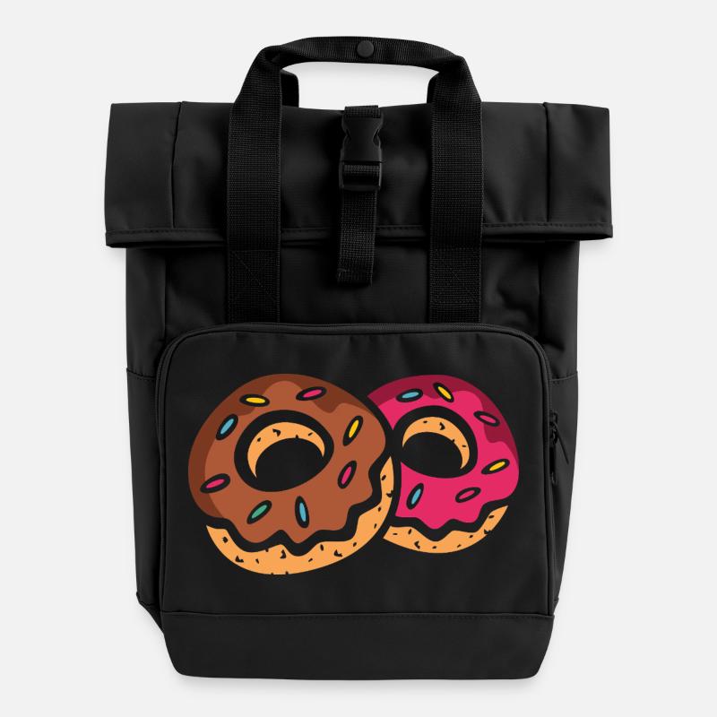Two colorful donuts with icing - Roll Top Backpack with Two Handles - black