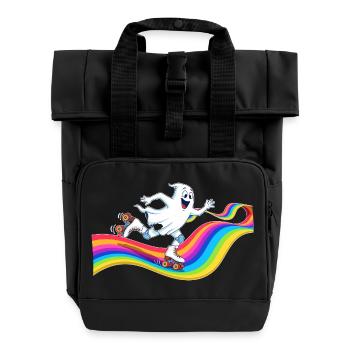 Ghost roller skating on rainbow rink - Roll Top Backpack with Two Handles - black - Front