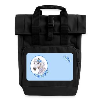 Cheval blanc - Roses bleu clair | Personnalisable - Sac à dos Roll Top à deux anses - noir - Devant