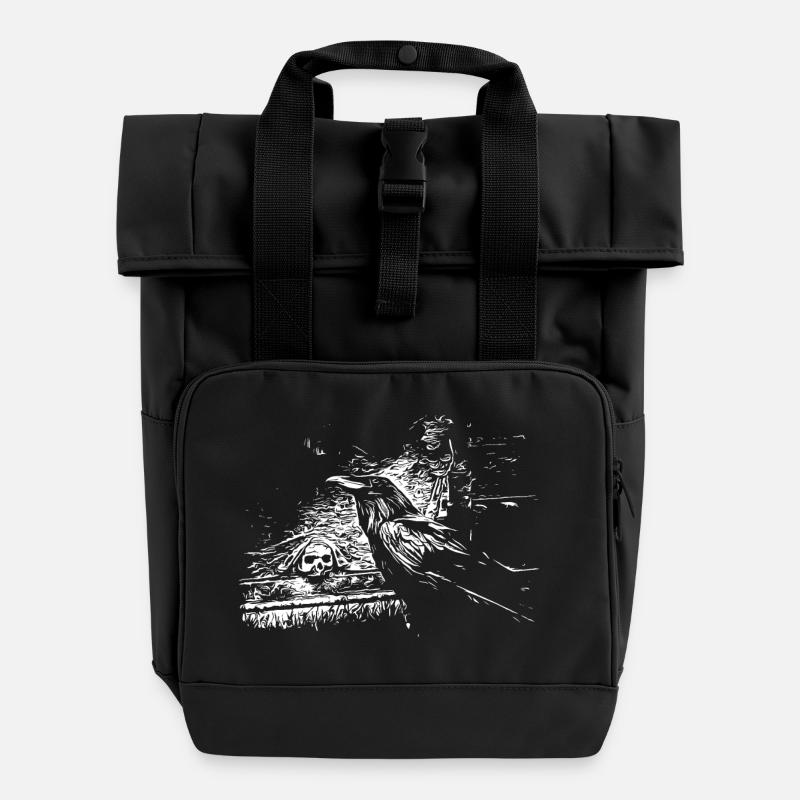 Raven with skull - Roll Top Backpack with Two Handles - black