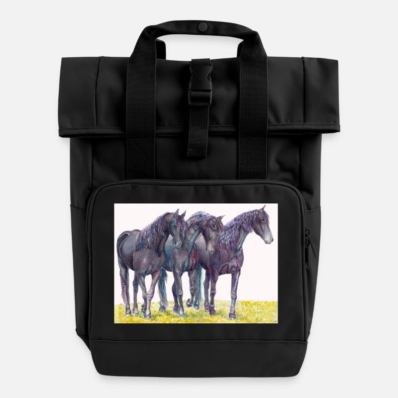 Autocollant de cheval frison - Sac à dos Roll Top à deux anses - noir