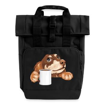 Dreaming dachshund peeking out with a cup - Roll Top Backpack with Two Handles - black - Front