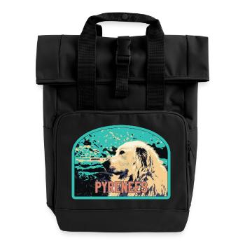 Pyrenäen-Schäferhund-Aufnäher: Berggefährte - Rolltop Rucksack mit zwei Griffen - Schwarz - Vorne