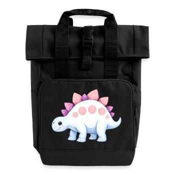 Joyful Cartoon Dinosaur with Pink Accents - Roll Top Backpack with Two Handles - black - Front