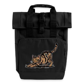 Brown Tabby Cat Stretching Dynamic Portrait - Roll Top Backpack with Two Handles - black - Front