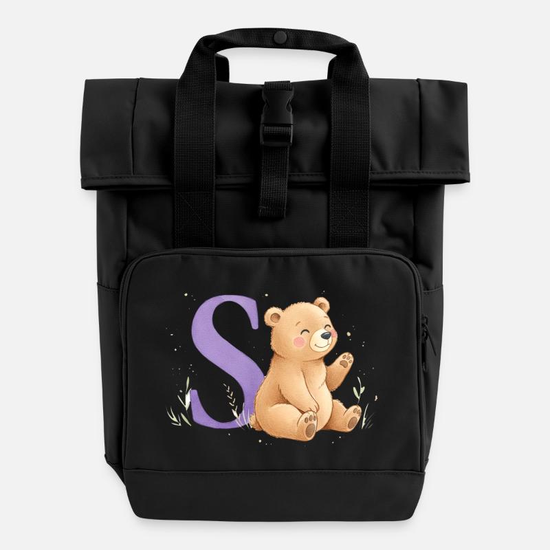 S Bear Alphabet Picture with Teddy Bear - Roll Top Backpack with Two Handles - black