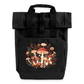 CottageCore mushroom design with different mushrooms - Roll Top Backpack with Two Handles - black - Front
