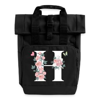 Buchstabe h rosa Blumen - Rolltop Rucksack mit zwei Griffen - Schwarz - Vorne