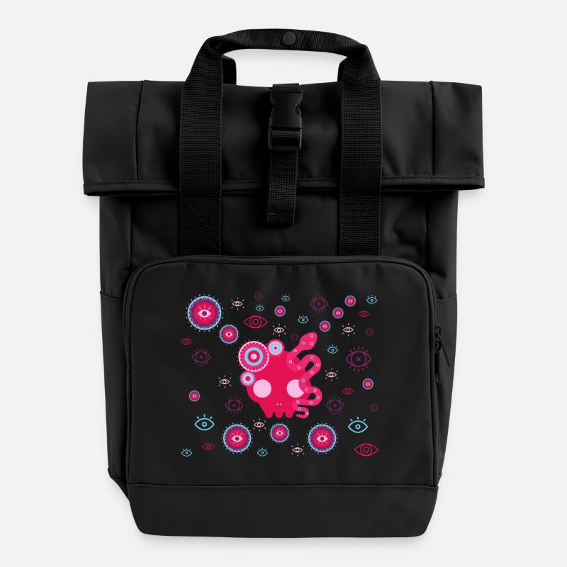 Pink Tentacle Eyes - Roll Top Backpack with Two Handles - black