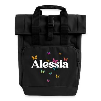 Schöner Mädchenname ALESSIA mit Schmetterlingen  - Rolltop Rucksack mit zwei Griffen - Schwarz - Vorne
