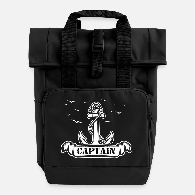Captain Anchor Motif - Roll Top Backpack with Two Handles - black