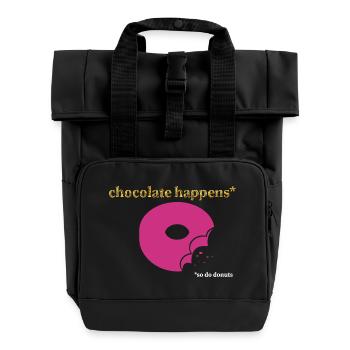 Pink donut with chocolate accent - Roll Top Backpack with Two Handles - black - Front